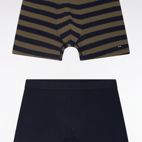 Lot De Deux Boxers Unis Et Cerclés En Jersey De Coton Stretch Marine Et Kaki Eden Park