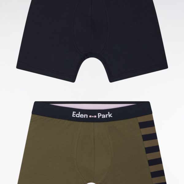 Lot De Deux Boxers En Jersey De Coton Stretch Marine Et Kaki Détails Cerclés Eden Park