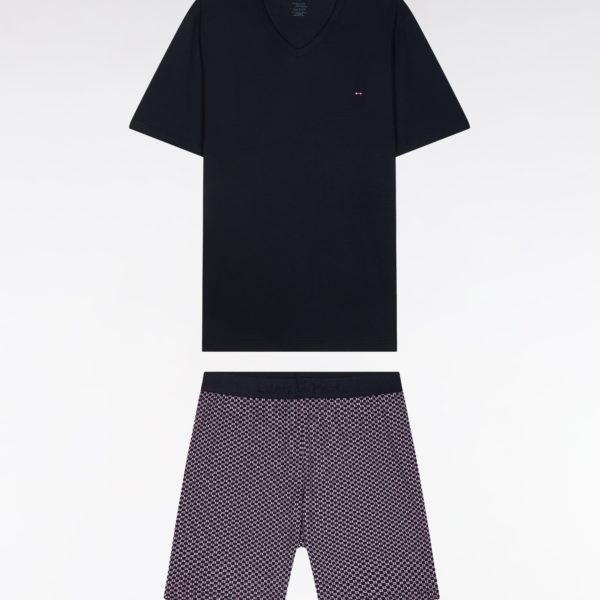Pyjama Court En Jersey De Coton Marine Et Bordeaux Short À Micromotifs Eden Park