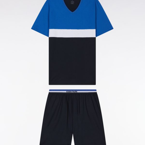 Pyjama Court En Jersey De Coton Marine Bleu Et Blanc Short À Détails Rayés Eden Park