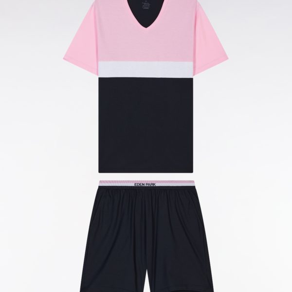 Pyjama Court En Jersey De Coton Marine Rose Et Blanc Short À Détails Rayés Eden Park