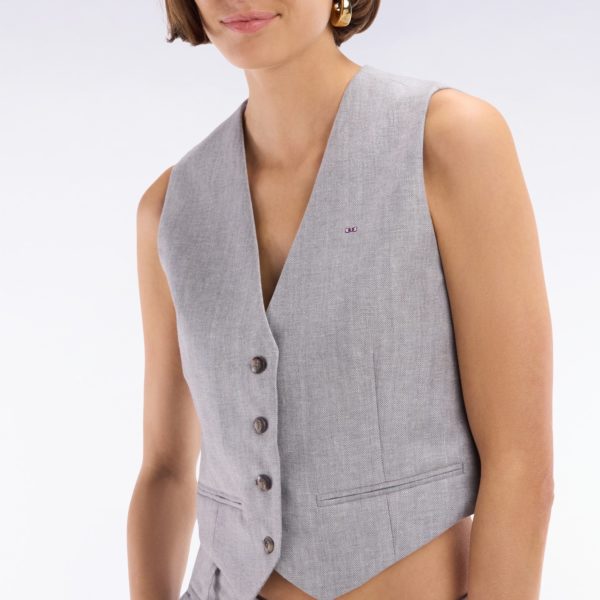 Gilet De Costume En Twill De Lin Et Laine À Chevron Gris Eden Park
