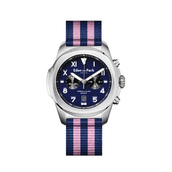 Montre À Quartz Chronographe Fond Bleu Bracelet Nato Rayé Eden Park