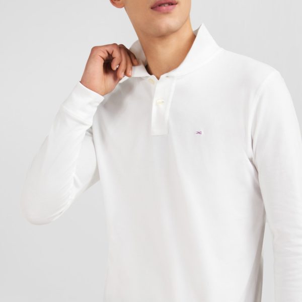 Polo Manches Longues Blanc Uni En Piqué De Coton Stretch Eden Park