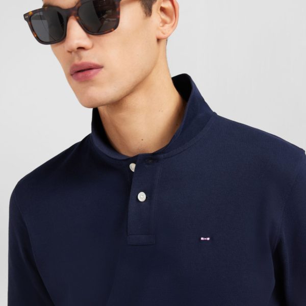 Polo Manches Longues Bleu Marine Uni En Piqué De Coton Stretch Eden Park
