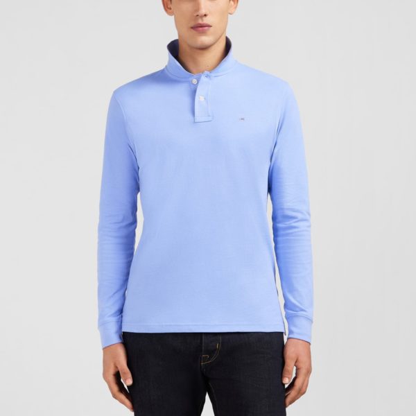Polo Manches Longues Bleu Uni En Piqué De Coton Stretch Eden Park