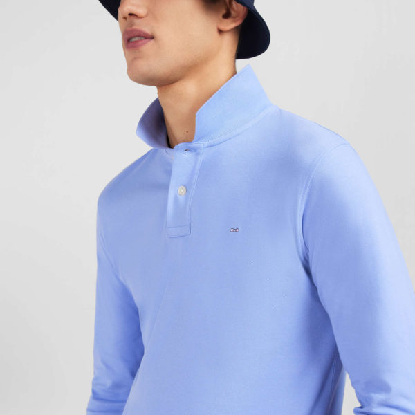 Polo Manches Longues Bleu Uni En Piqué De Coton Stretch Eden Park