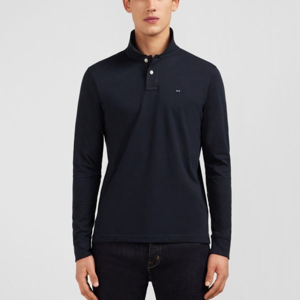 Polo Manches Longues Noir Uni En Piqué De Coton Stretch Eden Park