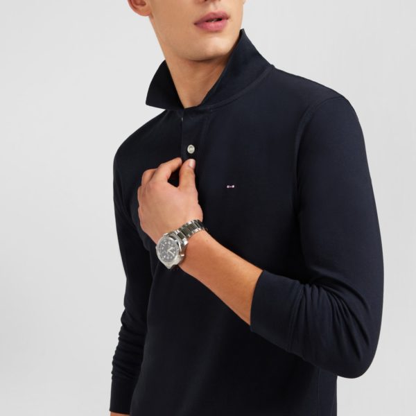 Polo Manches Longues Noir Uni En Piqué De Coton Stretch Eden Park