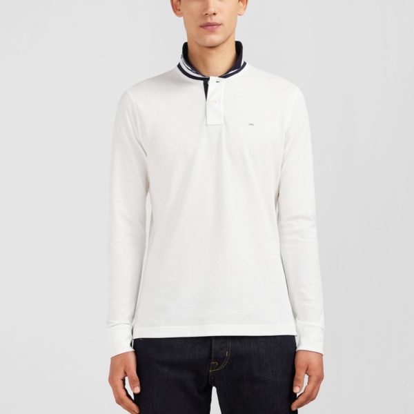Polo Manches Longues Blanc En Coton Avec Col Contrasté Eden Park