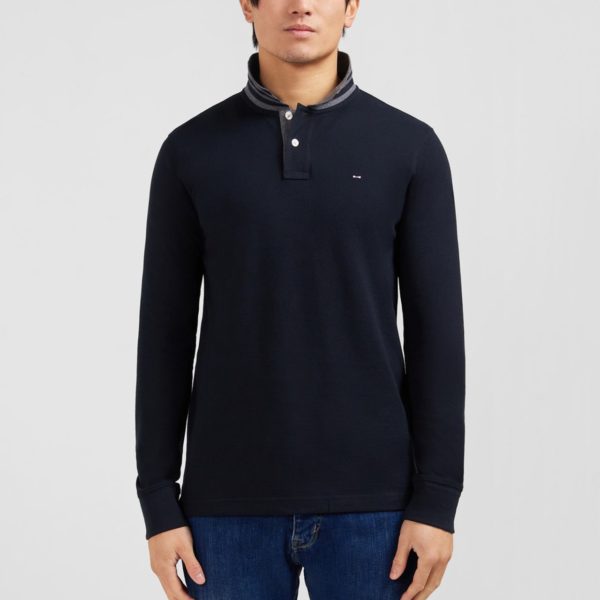 Polo Manches Longues Noir En Coton Avec Col Contrasté Eden Park