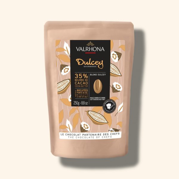 Chocolat de couleur blonde pour la pâtisserie Dulcey 35% – 250g – VALRHONA