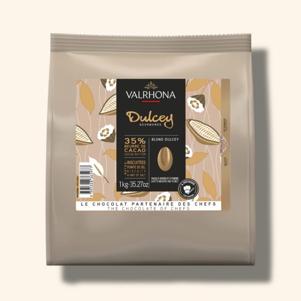 Chocolat de couleur blonde pour la pâtisserie Dulcey 35% – 1kg – VALRHONA