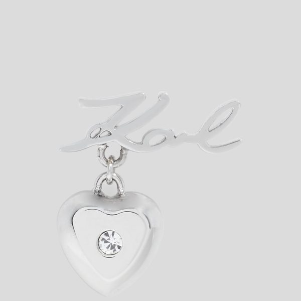 Karl Lagerfeld, Boucle D’oreille En Forme De Cœur Karl Signature, Femme, Argent, Taille: L00
