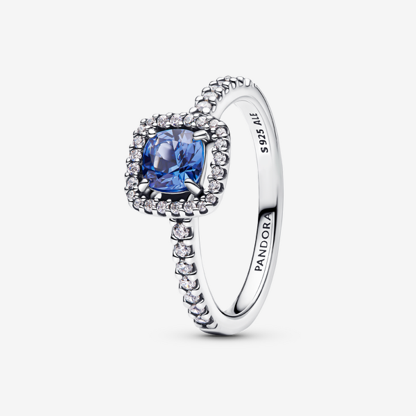 Parure Bague, Collier & Clous d’Oreilles Halo Bleu Carré Scintillant – Pandora